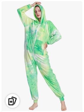 Green Tie-Dye Hooded Onesie Jumpsuit